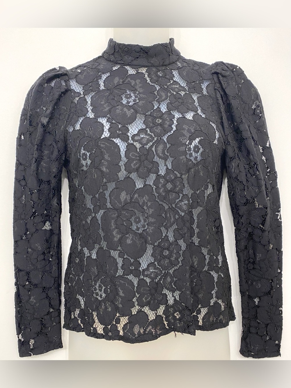WAYF Black Floral Lace Puff Sleeve Mock Neck Top S Victorian Dark Academia